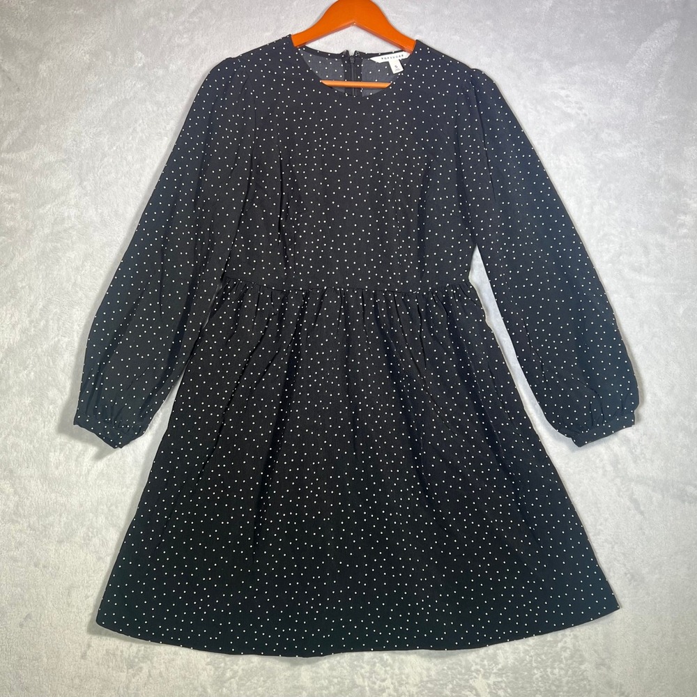 POPSUGAR Womens Size S Black White Polka Dot Long‎ Sleeve Fit Flare Mini Dress